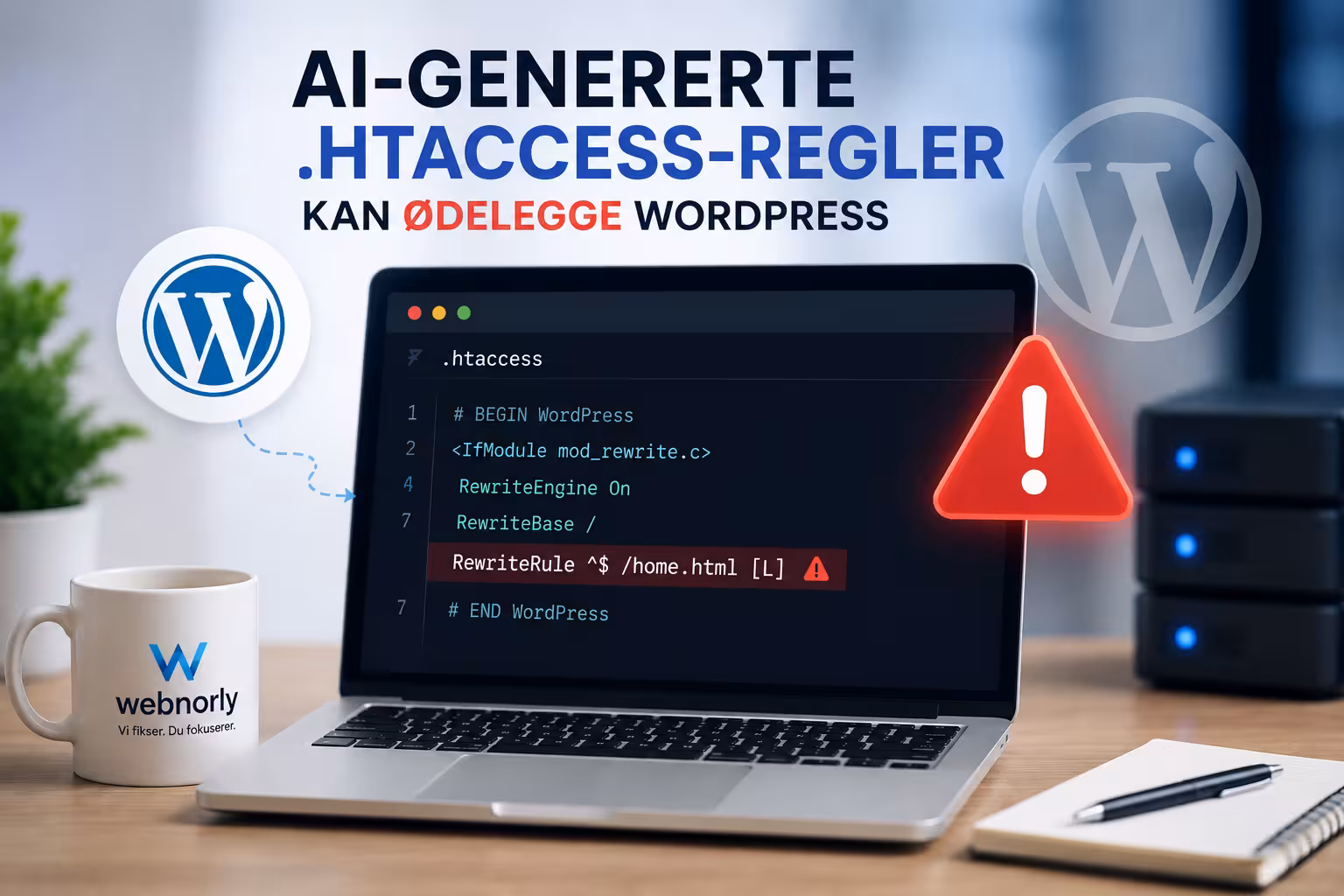 AI-genererte .htaccess-regler i WordPress med laptop, kodevindu og advarselsikon for rutingfeil og feilsøking.