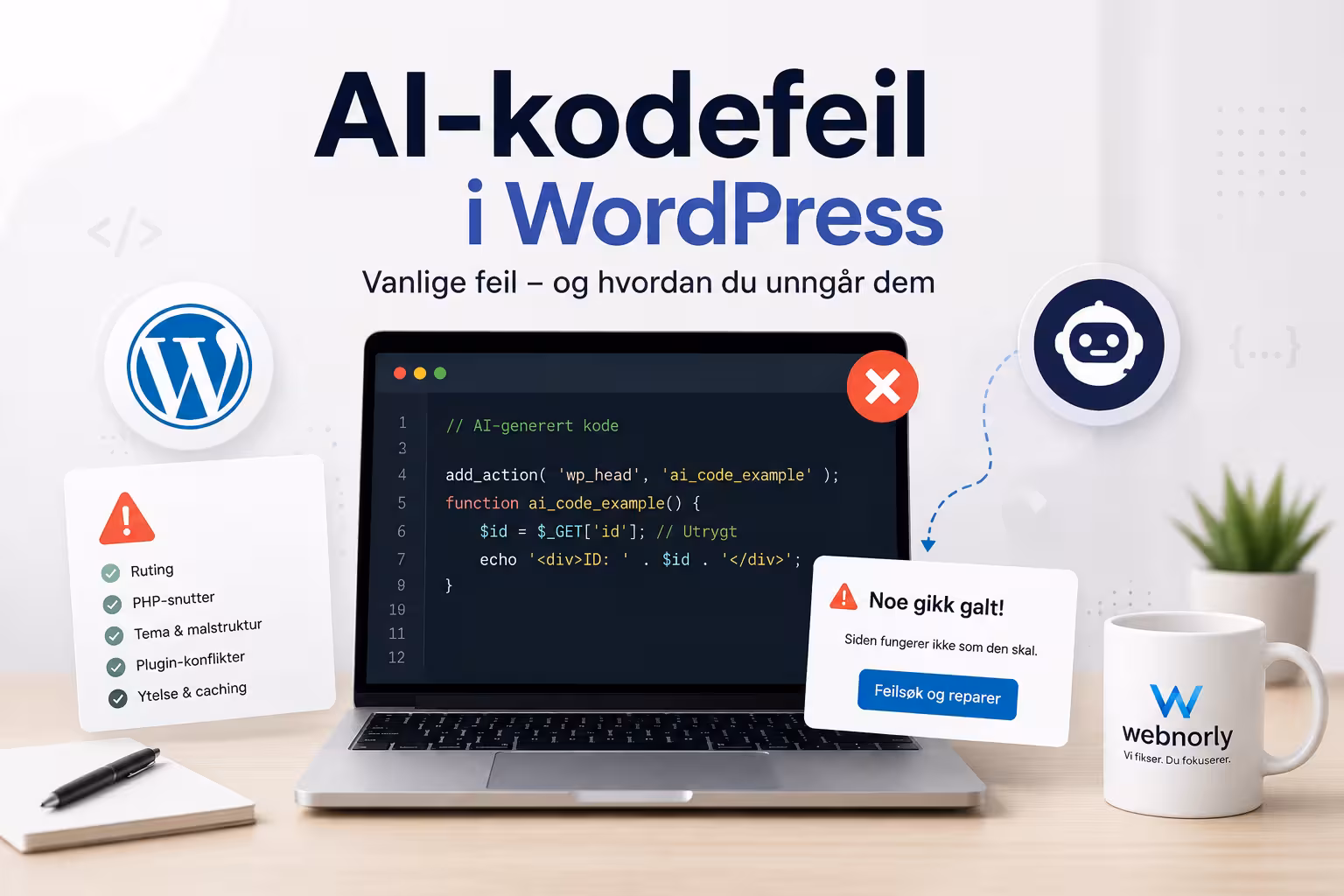 AI-kodefeil i WordPress med laptop, kodevindu, WordPress-logo og feilmelding for feilsøking og reparasjon.