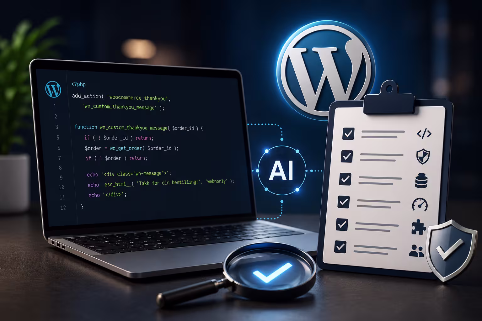 AI-generert WordPress-kode gjennomgås med laptop, sjekkliste, WordPress-logo, skjold og forstørrelsesglass.