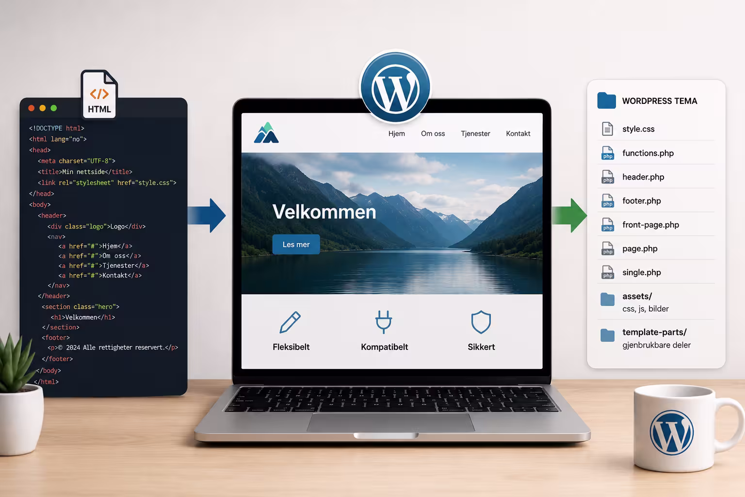 Statisk HTML konverteres til WordPress-tema med kode, nettsidevisning og strukturert temamappe.
