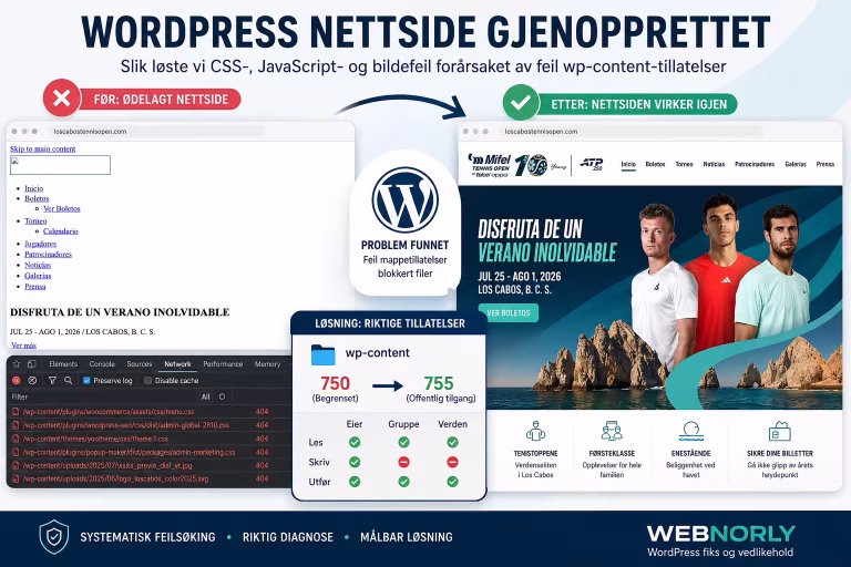 WordPress lastet uten CSS og bilder: én mappetillatelse var årsaken