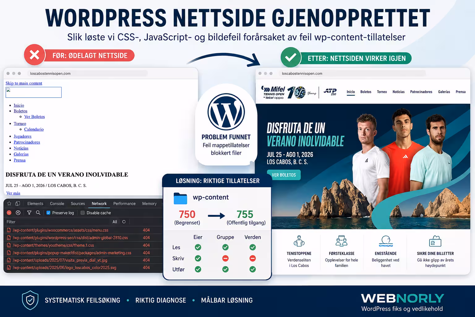 WordPress-nettside gjenopprettet etter at feil wp-content-tillatelser blokkerte CSS, JavaScript og bilder